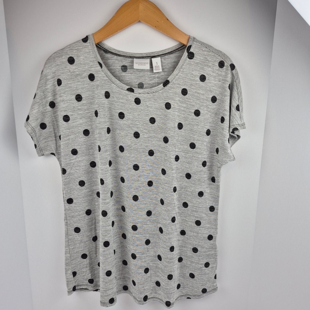 Weekends by Chicos Stella Scoop Stripes And Dots Short Sleeve Top Size 1 NWT‎